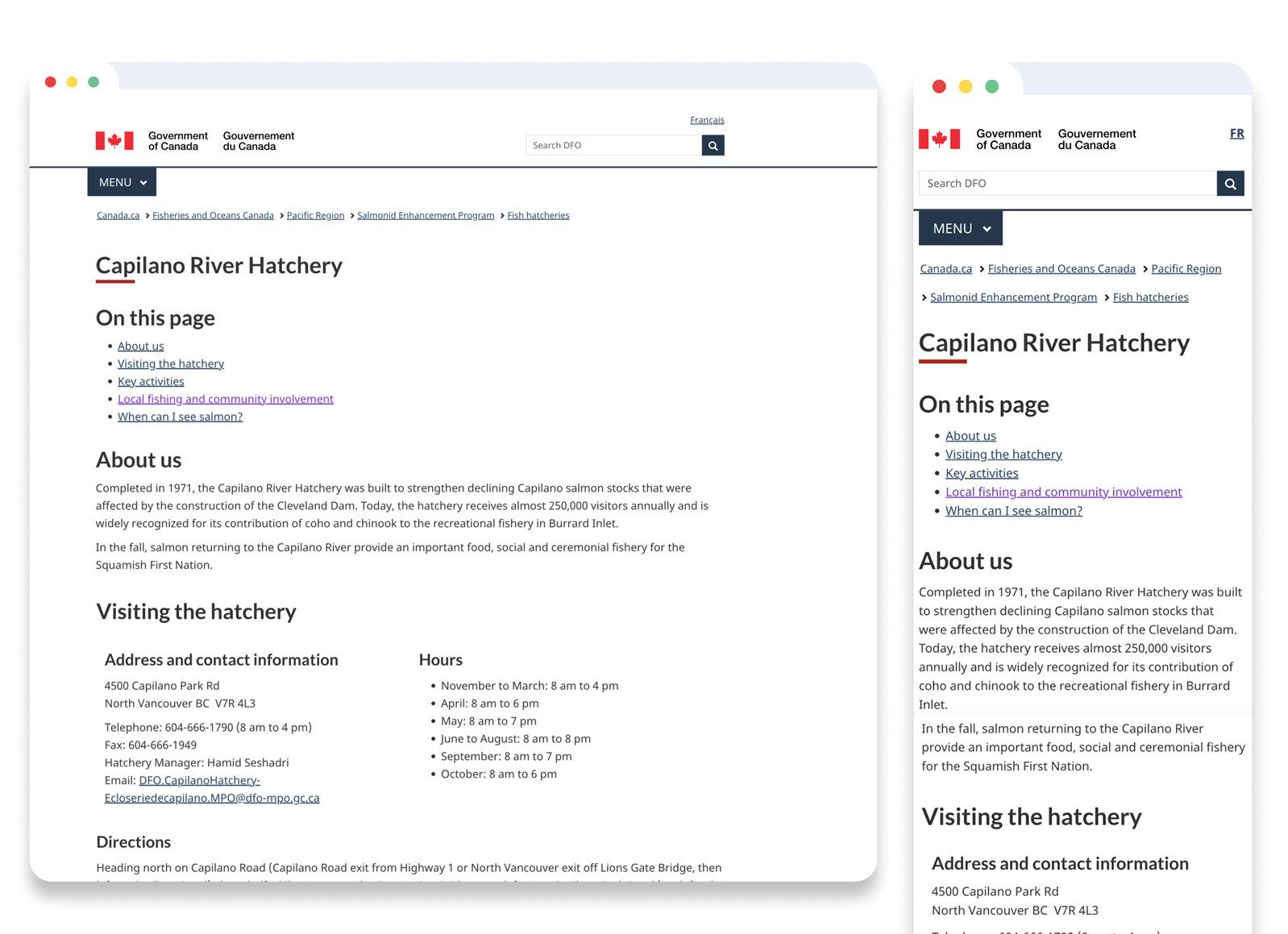 Government of Canada original website for the Capilano river hatchery. Bland, devoid of colour and basic
